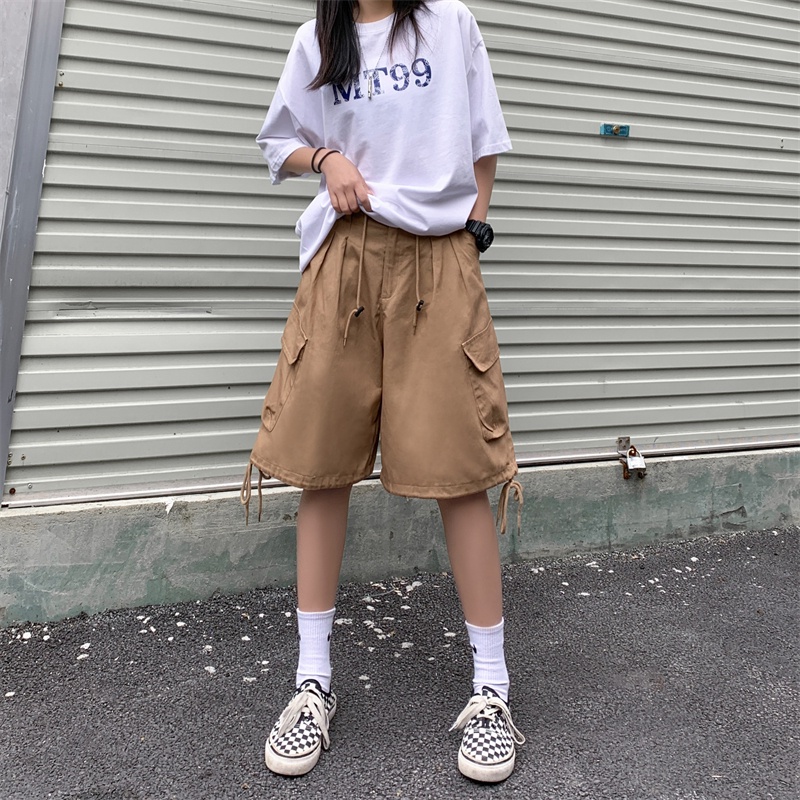 Quần ngắn ống rộng Lưng Cao Phối Dây Rút Có 3 Màu Thời Trang Retro Cho Nữ