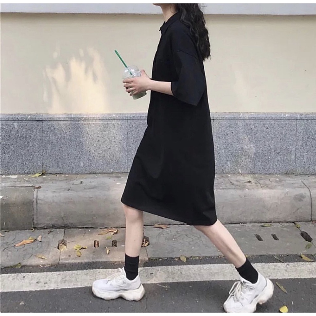 [ẢNH THẬT] Váy Polo nữ Váy Polo suông Cúc đồng Cotton thun Váy dáng xuông tay lỡ Ulzzang Váy Polo Nữ