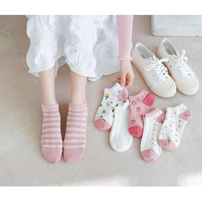 Tất cổ ngắn, vớ cổ ngắn nữ vải cotton thấm hút mồ hôi, co giãn 4 chiều họa tiết xinh xắn set 5 đôi TC18 - VHT SHOP