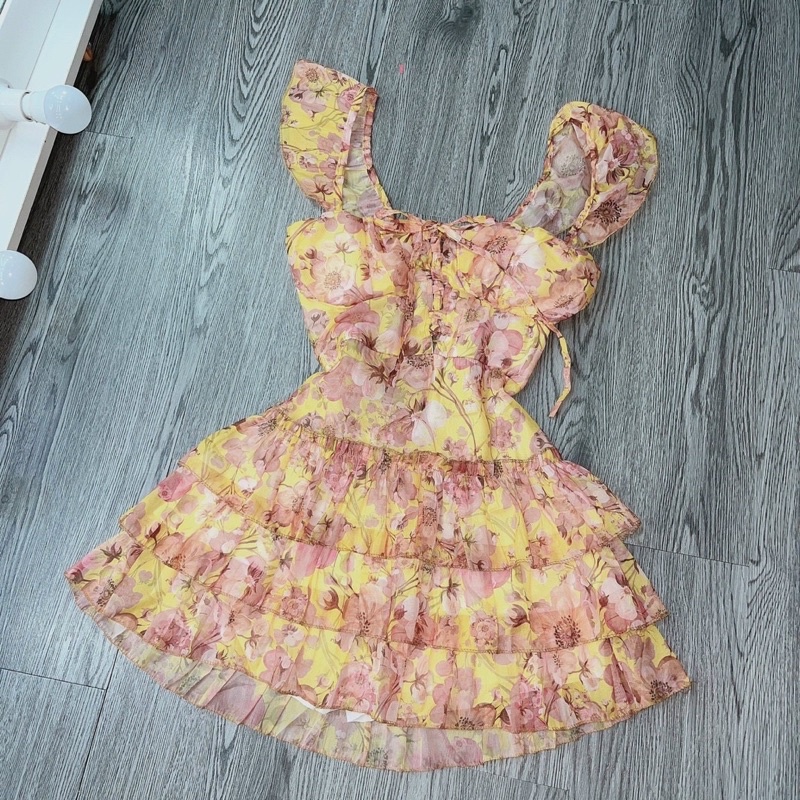 Đầm 2 Dây Cánh Tiên Babydoll Kẻ Caro Hồng 2 Tầng Bèo Vai Đính Hoa Nổi Freesize