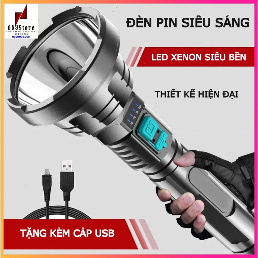 Đèn pin siêu sáng FLASHLIGHT F-901, chất liệu nhẹ, dùng pin 18650 kèm dây sạc micro usb sạc như điện thoại