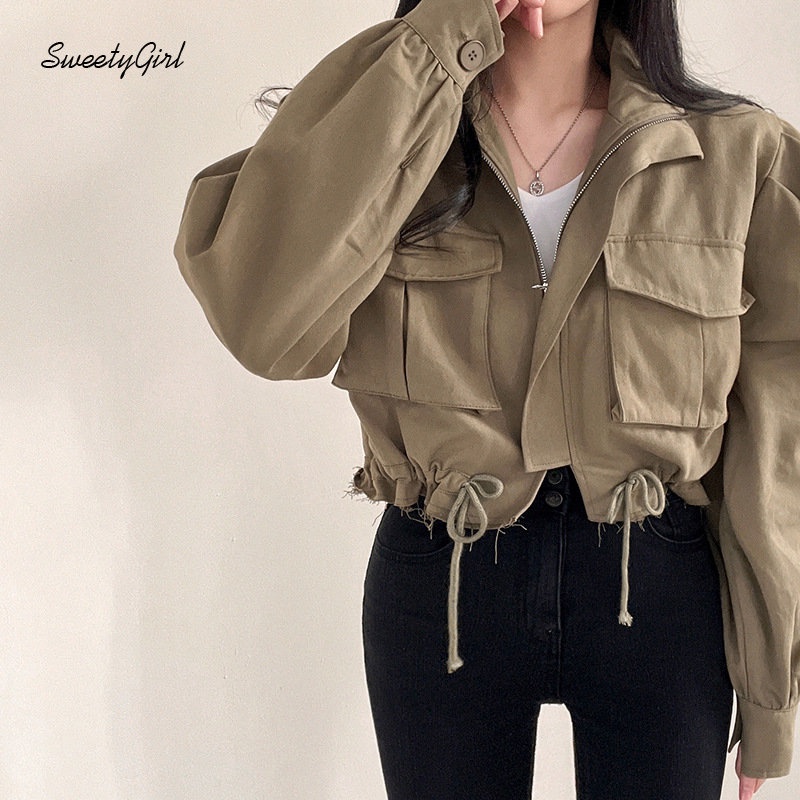 Áo Khoác Kaki Tay Dài Cổ Bẻ Dáng Rộng Màu Trơn Có Khóa Kéo Thời Trang Đường Phố 2022 Dành Cho Bạn Nữ