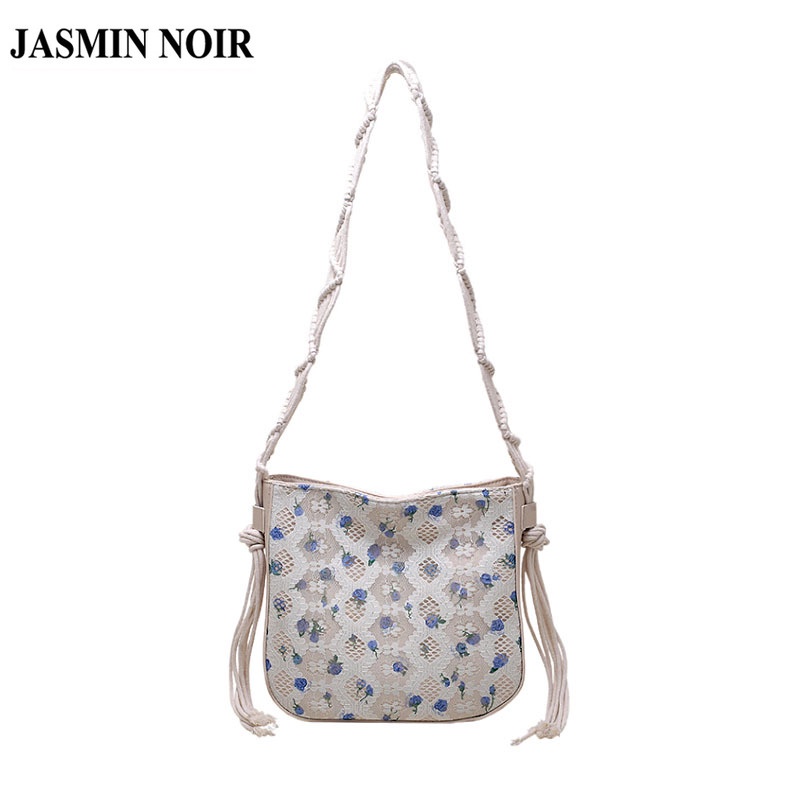 Túi JASMIN NOIR đeo chéo nắp gập in họa tiết hoa phối tua rua thời tràng cho nữ