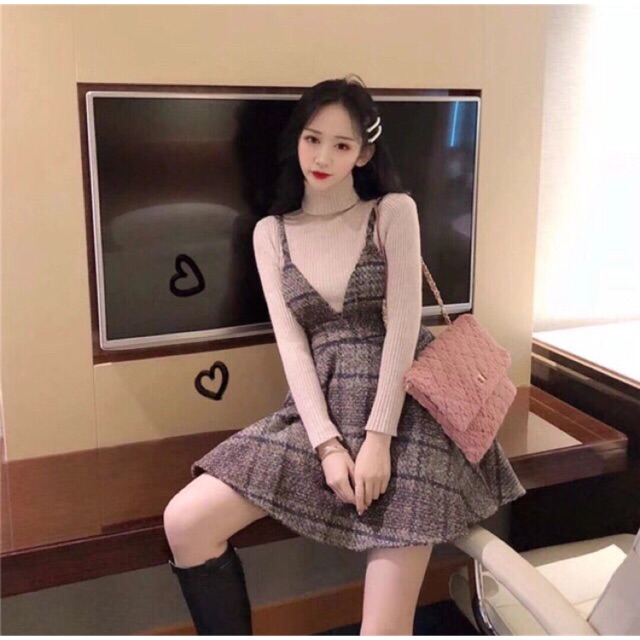 Sét áo len cổ lọ kèm yếm dạ ☺️😍