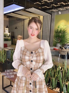 Đầm caro tay phối