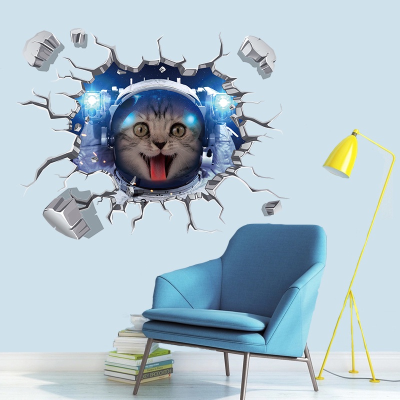 Sticker Dán Tường Họa Tiết Mèo Phi Hành Gia Hoạt Hình 3D Dễ Tháo Gỡ Trang Trí Phòng Khách / Phòng Ngủ