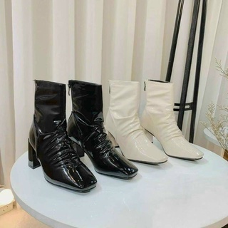 Boots nữ nhăn da bóng ôm chân cao gót 6,7 phân