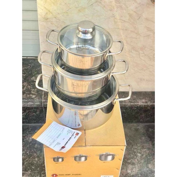 Bộ nồi inox 3 đáy FIVESTAR nắp kiếng 16/20/24 quai đũa inox 430