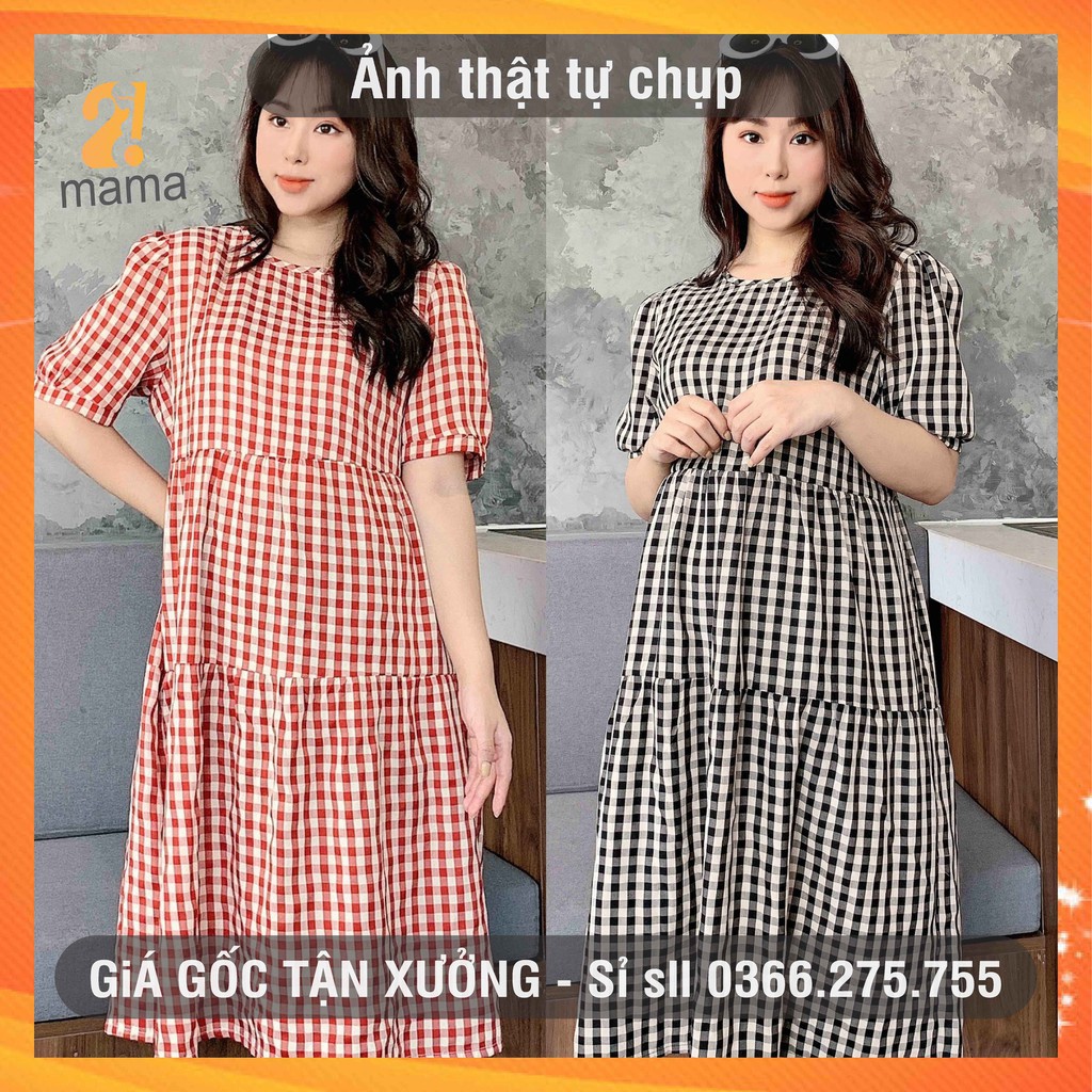 Đầm váy bầu dự tiệc 2MAMA thiết kế đuôi cá dáng suông họa tiết kẻ caro V43