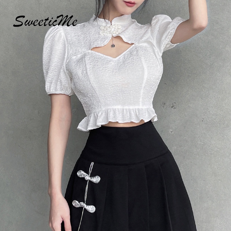 Áo Croptop Tay Ngắn Cổ Đứng Màu Trơn Dáng Ôm Thời Trang Cho Nữ
