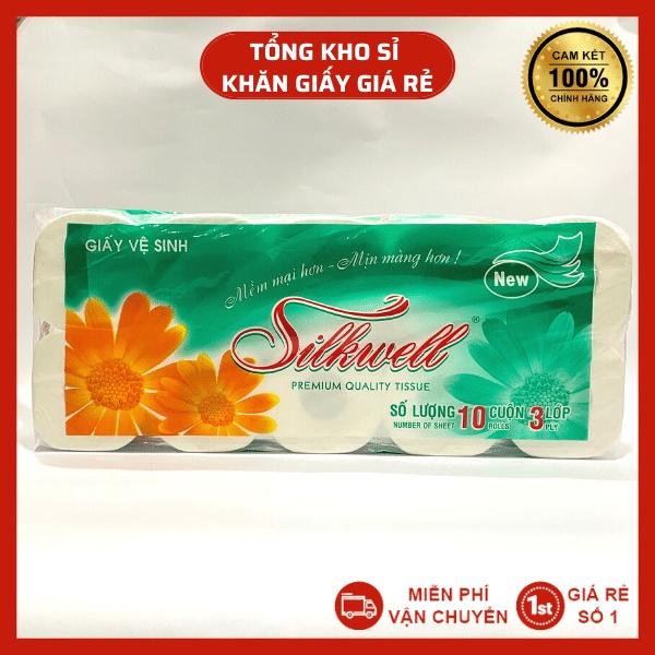 Giấy vệ sinh Silkwell Xanh ngọc 10 cuộn 3 lớp có lõi, giấy vệ sinh siêu mềm mịn không tẩy trắng hàng chính hãng