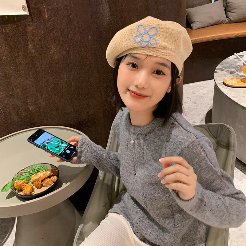Mũ Nồi Thu Đông Chất Dệt Kim Phong Cách Hàn Quốc, Nón Beret Cao Cấp Họa Tiết Bông Hoa Thời Trang