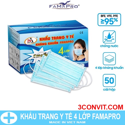 Hộp 50 chiếc khẩu trang y tế 4 lớp kháng khuẩn Famapro