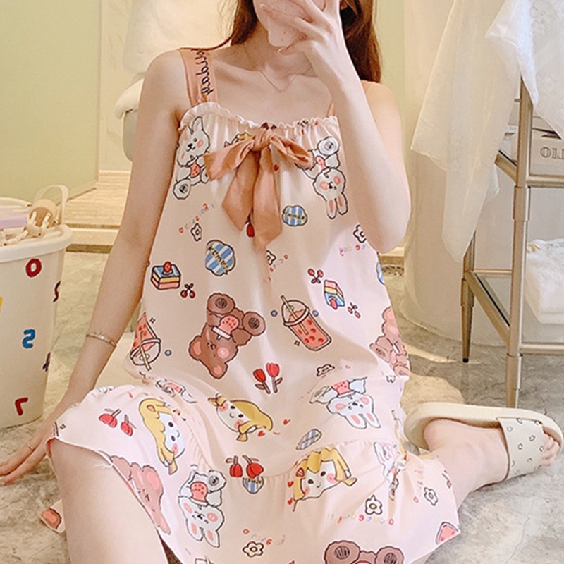 Brroa Đầm Ngủ Hai Dây Không Tay Phối Bèo In Họa Tiết Hoạt Hình Dễ Thương Thời Trang Mùa Hè Cho Nữ