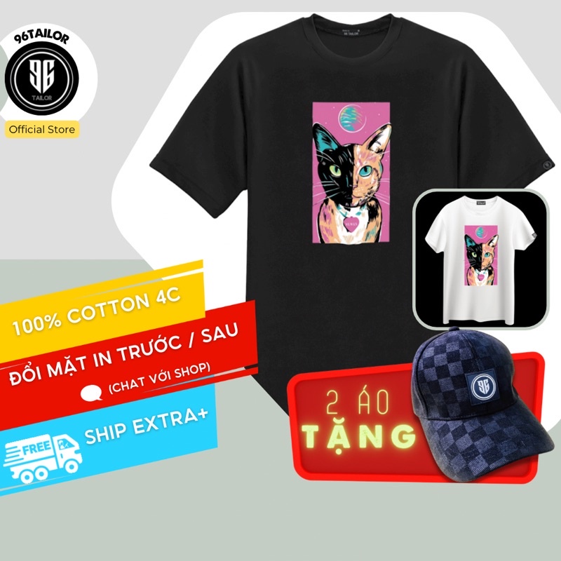 Áo Thun Unisex Mèo 2 Mặt Form Rộng Nam Nữ Cotton 4 Chiều 96 Tailor