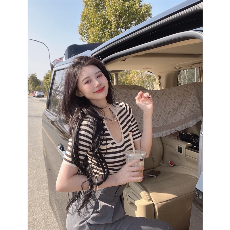 Áo kiểu ZHELIHANGFEI dệt kim tay ngắn cổ chữ U họa tiết kẻ sọc phong cách quyến rũ thời trang dành cho nữ