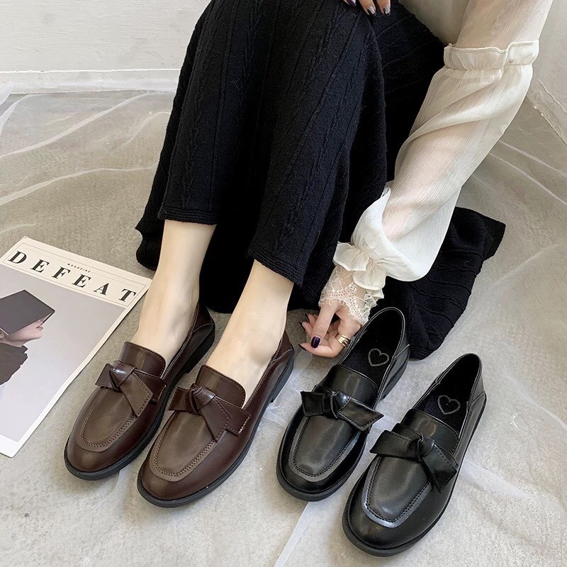 Giày ulzzang da mềm phối nơ vuông gót trái tim mã 1911