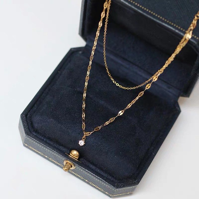 Dây chuyền hai lớp đính đá zircon đơn giản phong cách Nhật Bản nhẹ nhàng sang trọng