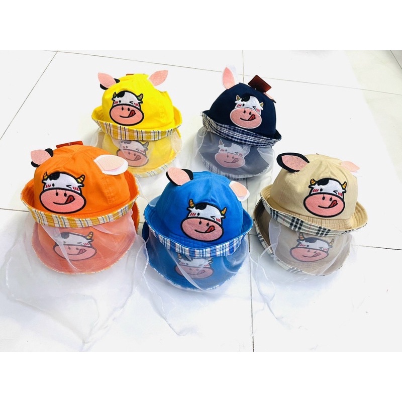 Nón kèm khăn voan thêu hình heo con dễ thương chống bụi bẩn cho bé sơ sinh từ 0-20 tháng tuổi