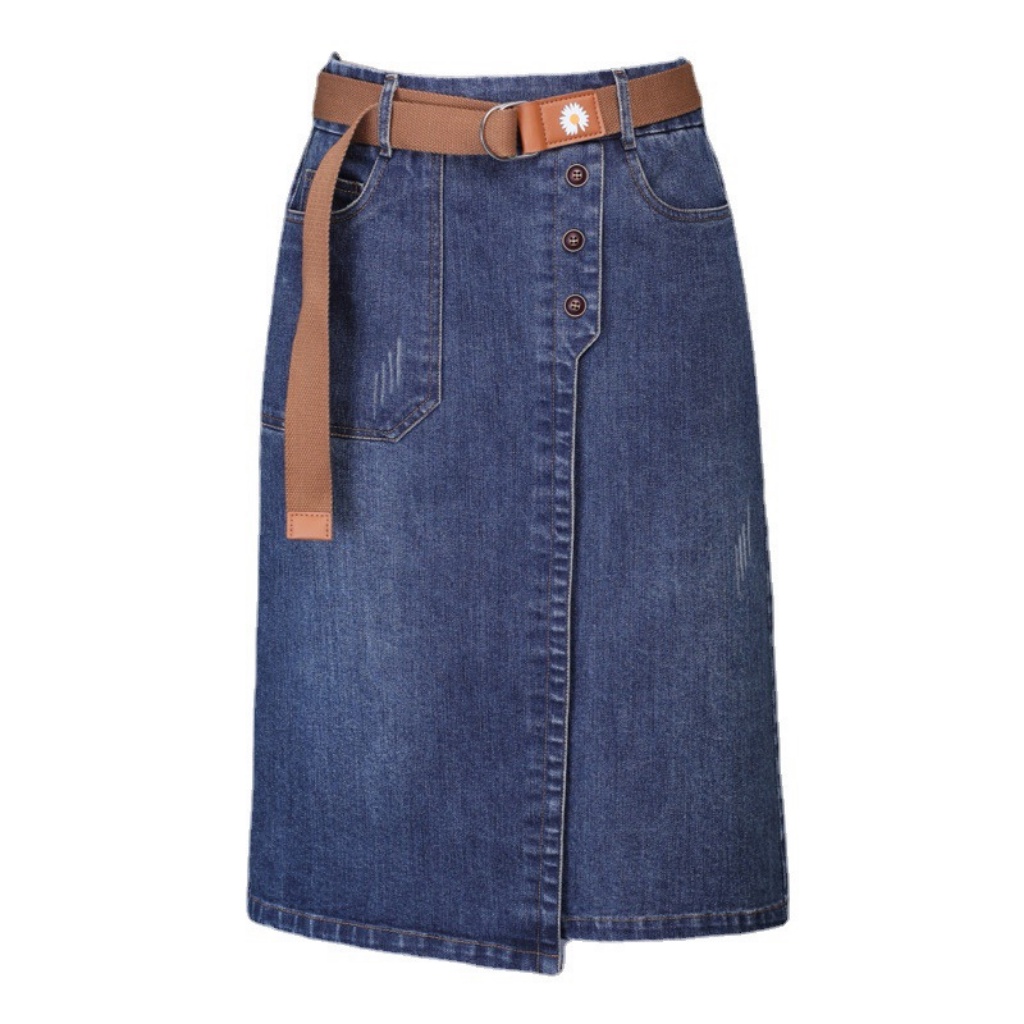 Chân váy jean  dài ngang gối dáng chữ a lưng cao xẻ tà phối vạt cúc lệch trẻ trung sành điệu