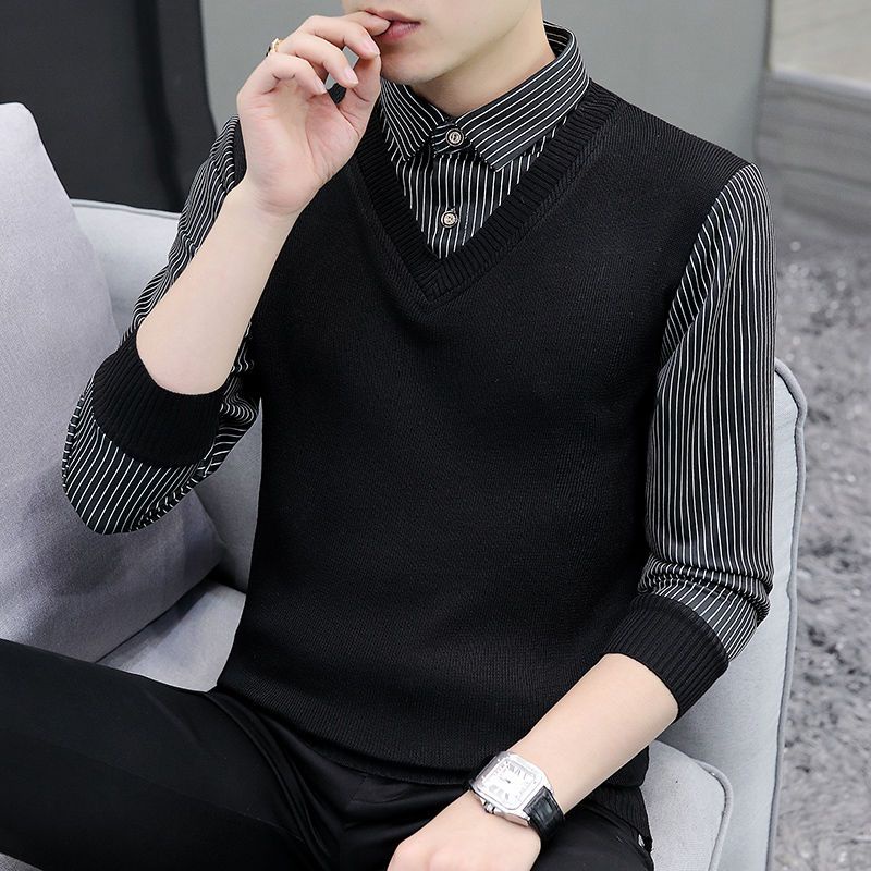 # Áo Khoác Nam# Cổ Áo Sơ Mi Giả Hai Lớp Thời Trang Thu Đông Cho Nam# Áo Sweater Dệt Kim Phong Cách Thời Trang Hàn Quốc