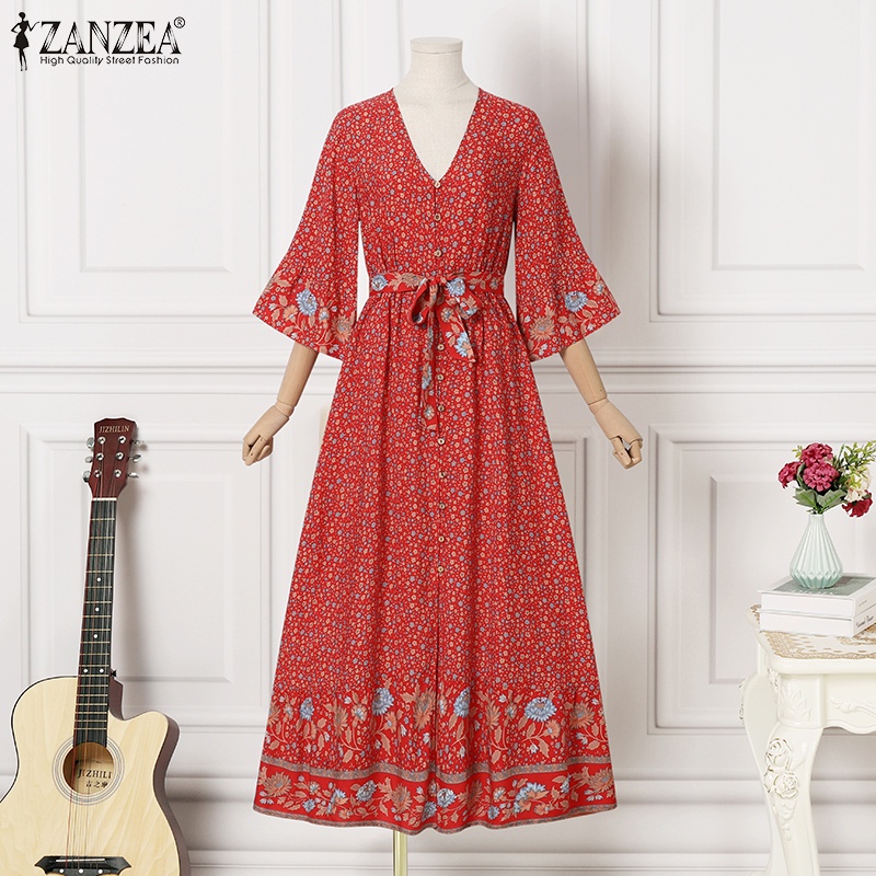 Zanzea Đầm Tay Loe Cổ Chữ V In Họa Tiết Phong Cách Bohemian Dành Cho Nữ