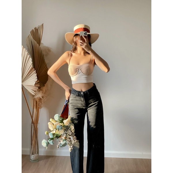 áo 2 dây croptop cúp ngực phối màu