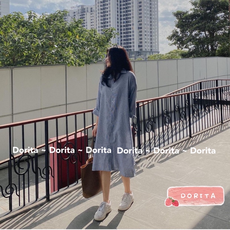 [Ảnh thật/Video] Váy sơ mi kẻ sọc dài tay kèm đai Dorita, Đầm dáng suông Hàn Quốc - Dorita Boutique | BigBuy360 - bigbuy360.vn