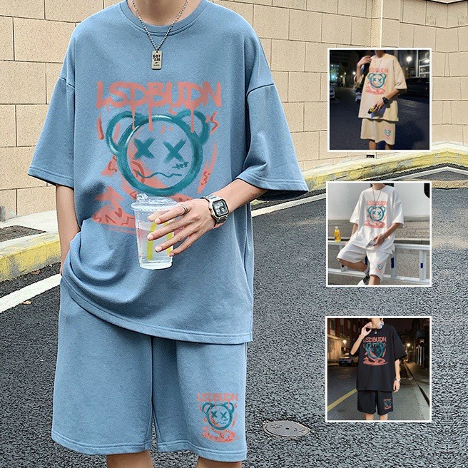 Set Đồ Bộ Nam Nữ Hình Gấu Cute - Mặc Nhà - Biển - Du Lịch - Áo Thun Tay Lỡ Unisex Phối Quần Short Đùi
