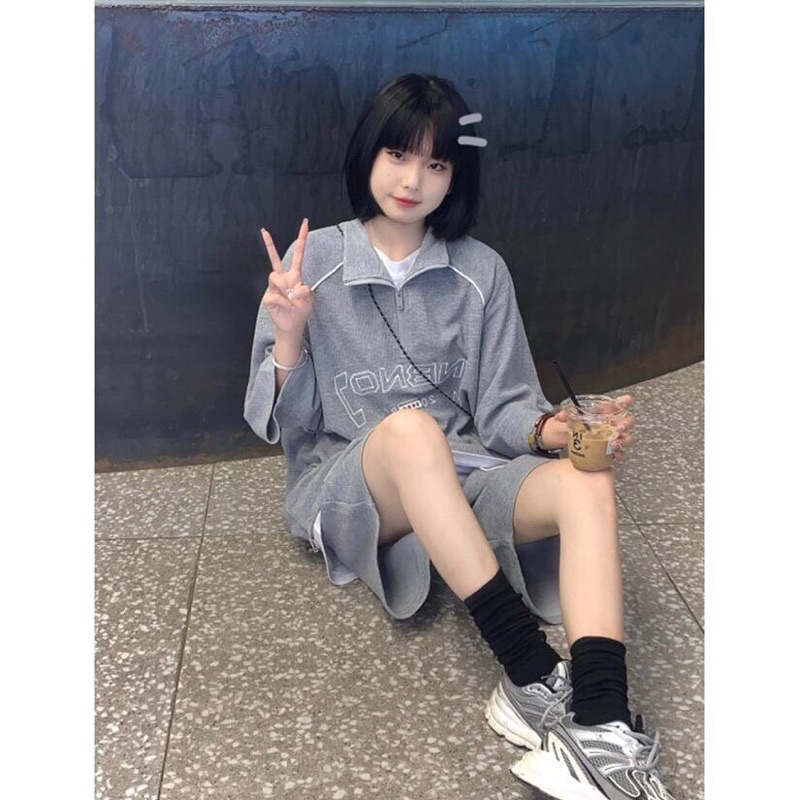 Bộ Thun Polo Cổ Đức Chữ NBNO Unisex  Set áo Form Rộng Tay Lỡ Kèm Quần Short Đùi Màu Xám Kiểu Hàn Quốc Sẵn Ảnh Thật