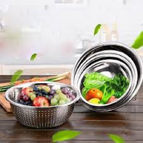 Sét 5 món, 1 rổ rửa rau, hoa quả và 4 chậu/ bát to bằng inox size 20 đến 26cm