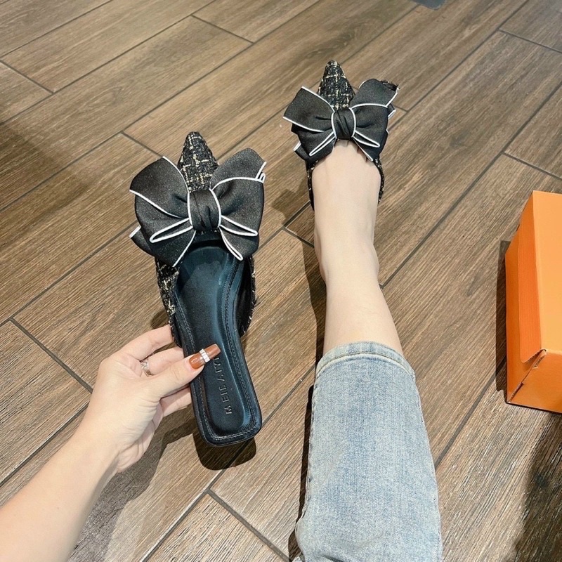 Giày sục mũi nhọn Nơ bố chất dạ xinh xắn hót quanh năm cho các nàng .