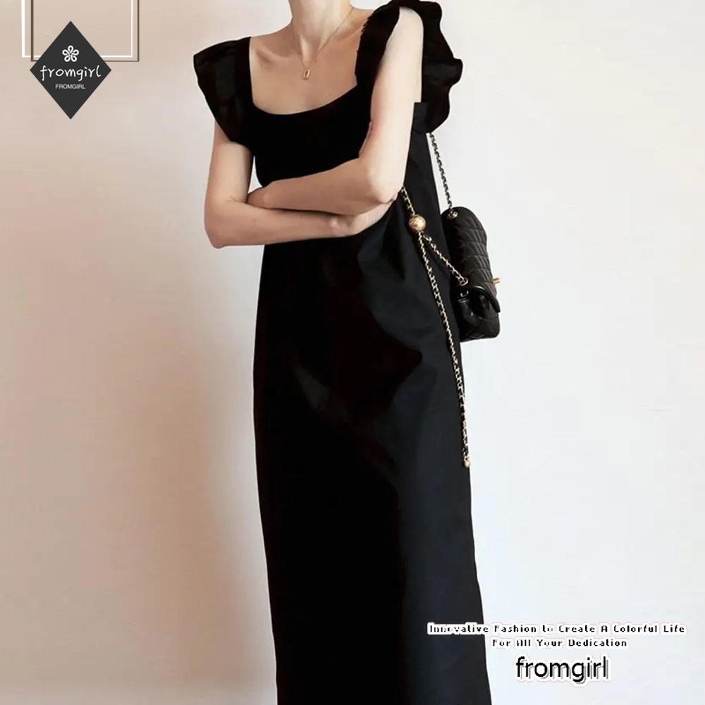 Đầm Không Tay Cổ Vuông Màu Đen Dáng Rộng Phong Cách Thời Trang Mùa Hè Pháp 2022