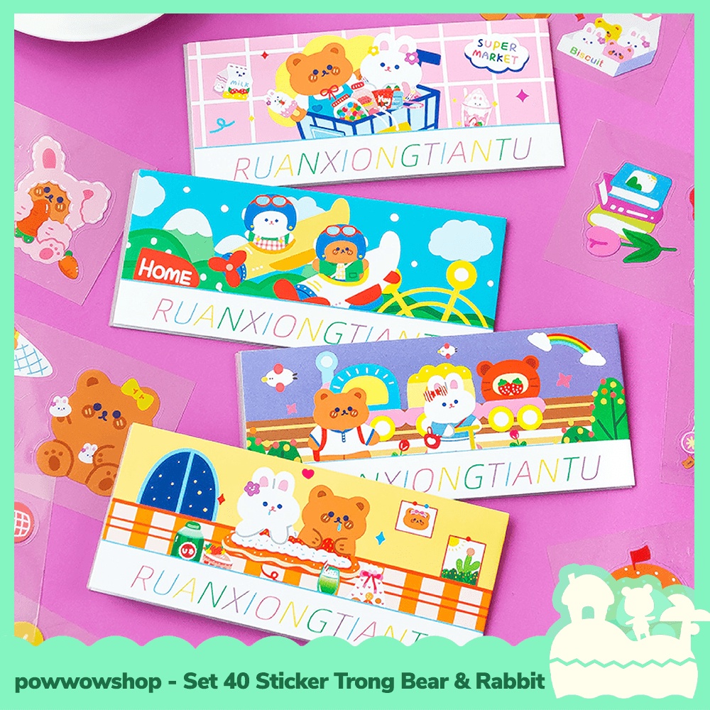 [Sẵn VN - Hỏa Tốc] Bộ 40 Sticker Decal Trong Dán Trang Trí Vật Dụng Bear &amp; Rabbit Đáng Yêu Nhiều Mẫu