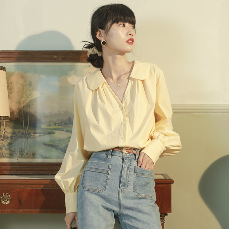 Áo Sơ Mi Tay Phồng Màu Trơn Phong Cách Retro Thanh Lịch Dành Cho Nữ