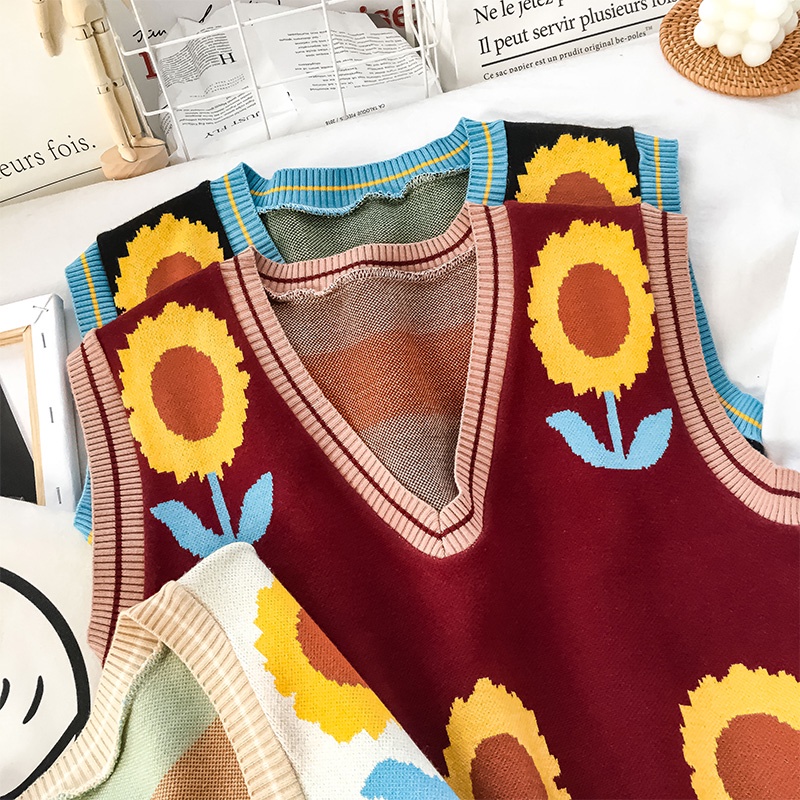 Áo len cổ chữ V họa tiết hoa cúc phong cách retro Hàn Quốc