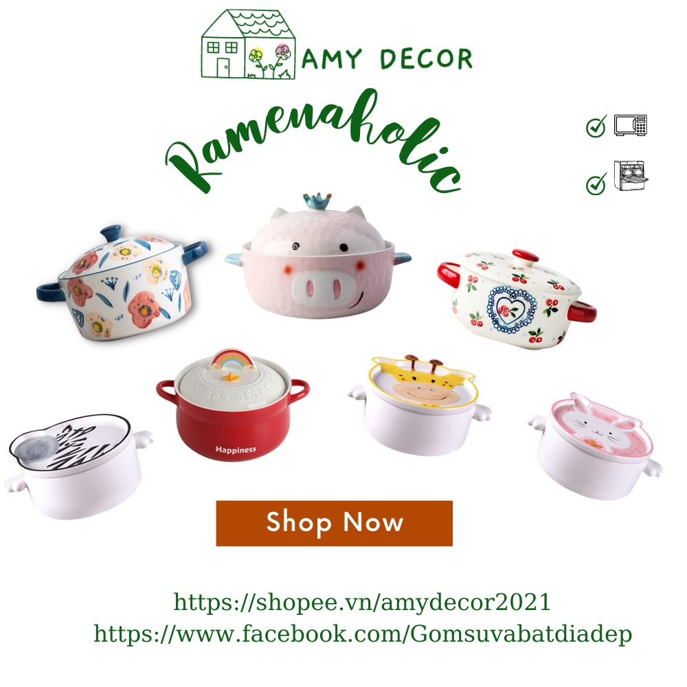 Tô ăn mỳ, tô sứ có tay cầm kèm nắp đậy tiện dụng, an toàn cho bé và cả gia đình