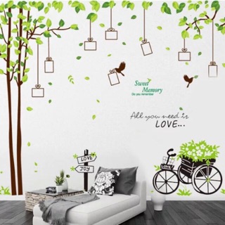 Decal dán tường combo 2 tranh cây khung ảnh + xe đạp