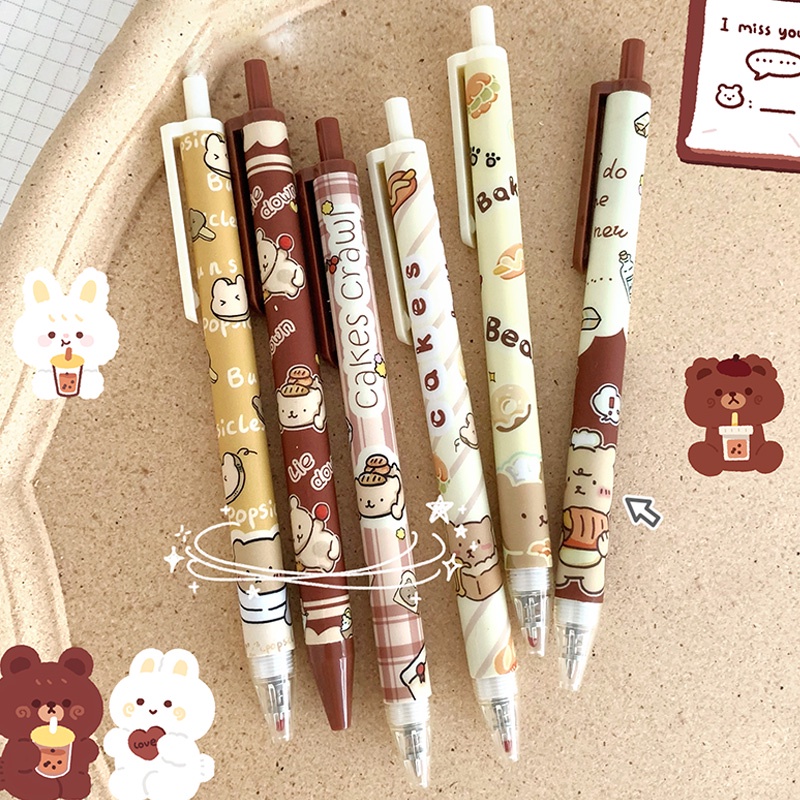 Set 6 Bút Mực Gel Ngòi 0.5mm Hình Gấu Hoạt Hình Dễ Thương