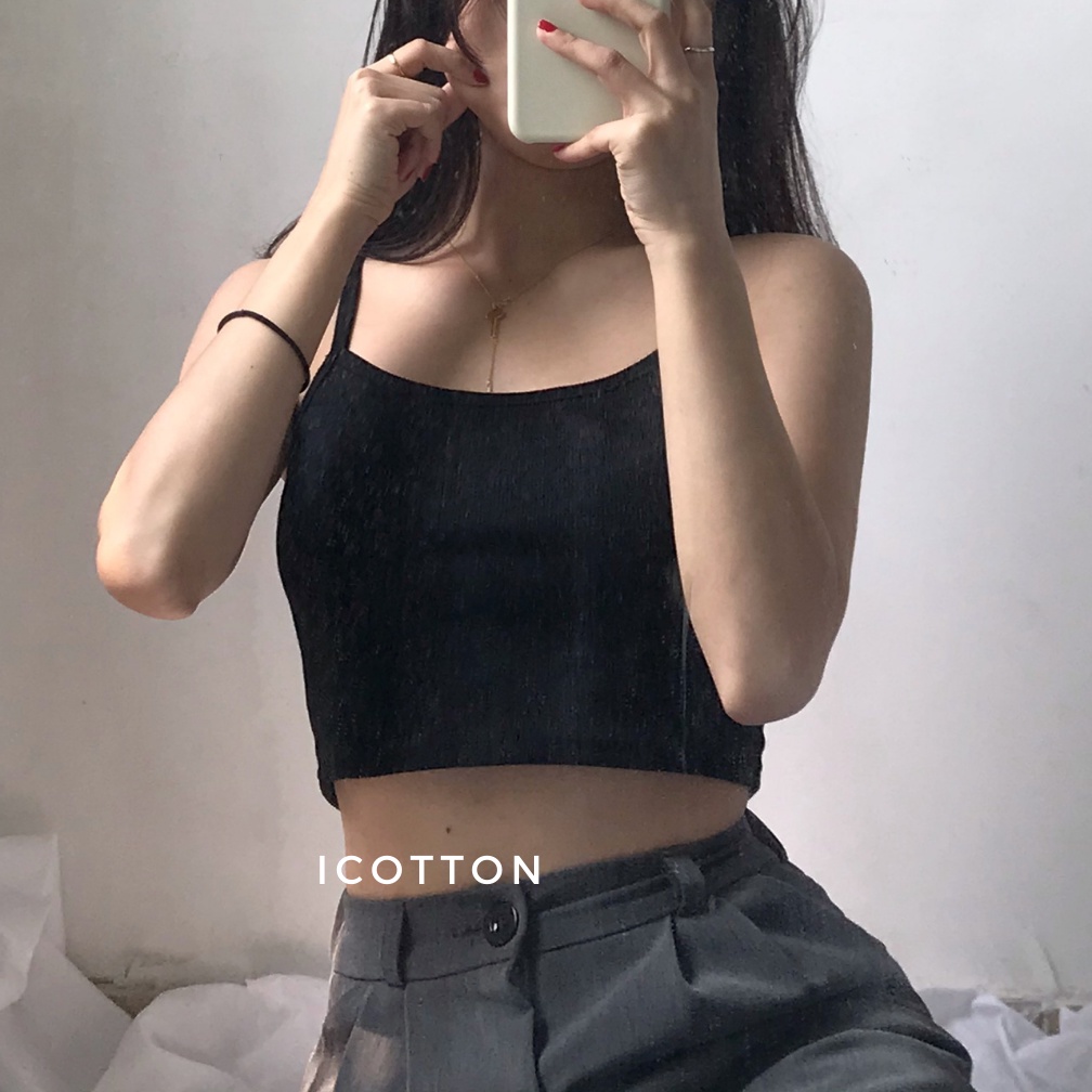 Áo 2 dây croptop nữ ❤️iCotton❤️ Áo 2 dây nữ dáng ngắn 100% cotton trắng đen cao cấp