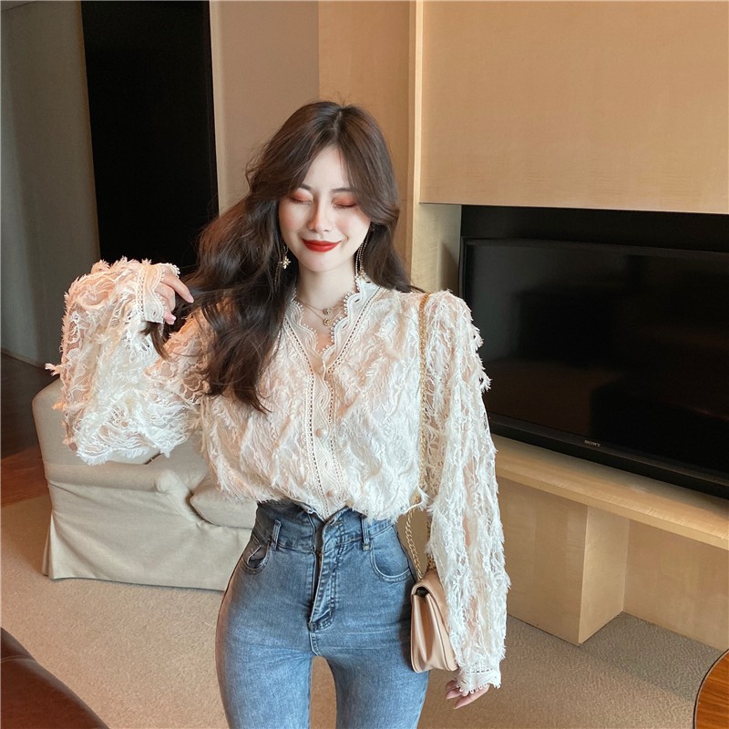 Áo sơ mi nữ ren lông phối lưới đính khuy ngọc sang chảnh Hàn Quốc