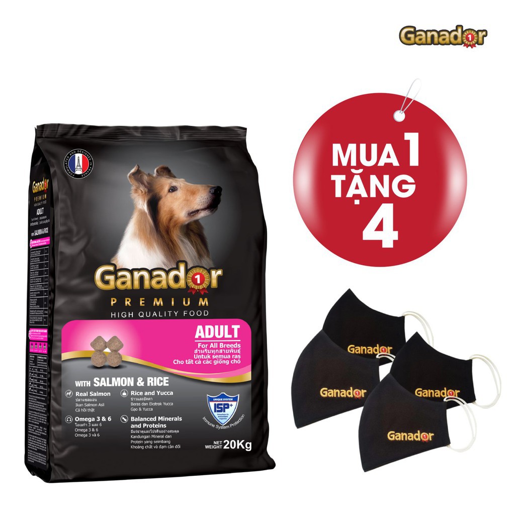 [combo 35 gói]Thức ăn cho chó trưởng thành Ganador vị cá hồi & gạo Salmon & Rice 20kg