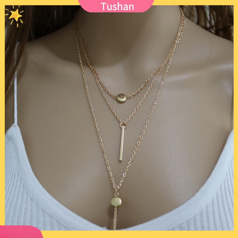 TUSH_Women Multi Layers Necklace Circle Bar Charm Pendant Boho Jewelry Birthday Gift