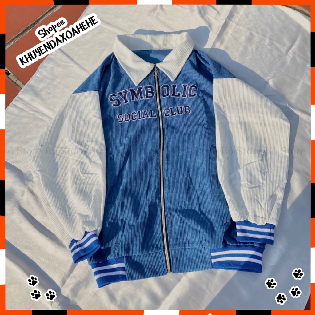 AK010 Áo khoác thu đông nhung tăm xanh nam nữ tay trắng dáng rộng khóa kéo Ulzzang, áo bomber tay bồng form to unisex cổ