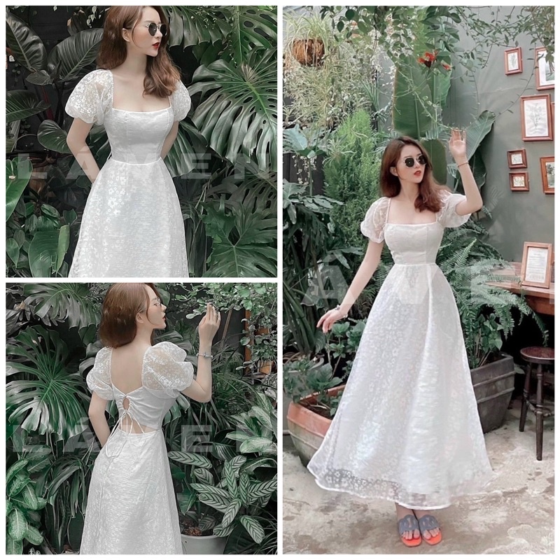 Đầm midi voan hoa nổi trắng