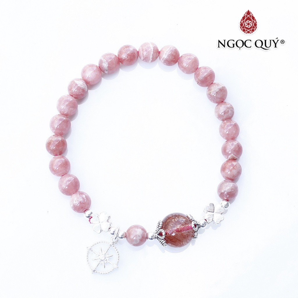 Vòng tay đào hoa phối TA tóc đỏ charm bạc - Ngọc Quý