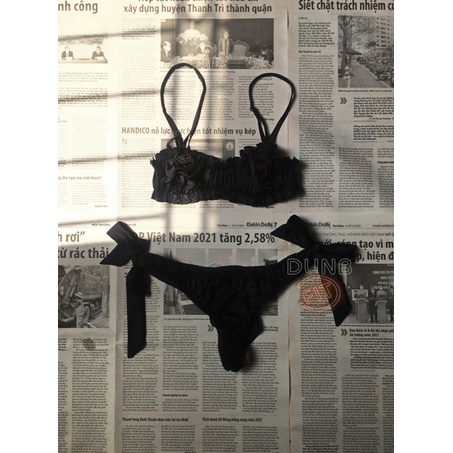 Bikini Đồ Bơi Đi Biển 2 Mảnh đen lụa satin 2 dây dún ngực lọt khe buộc nơ không gọng hack mông sexy quyến rũ