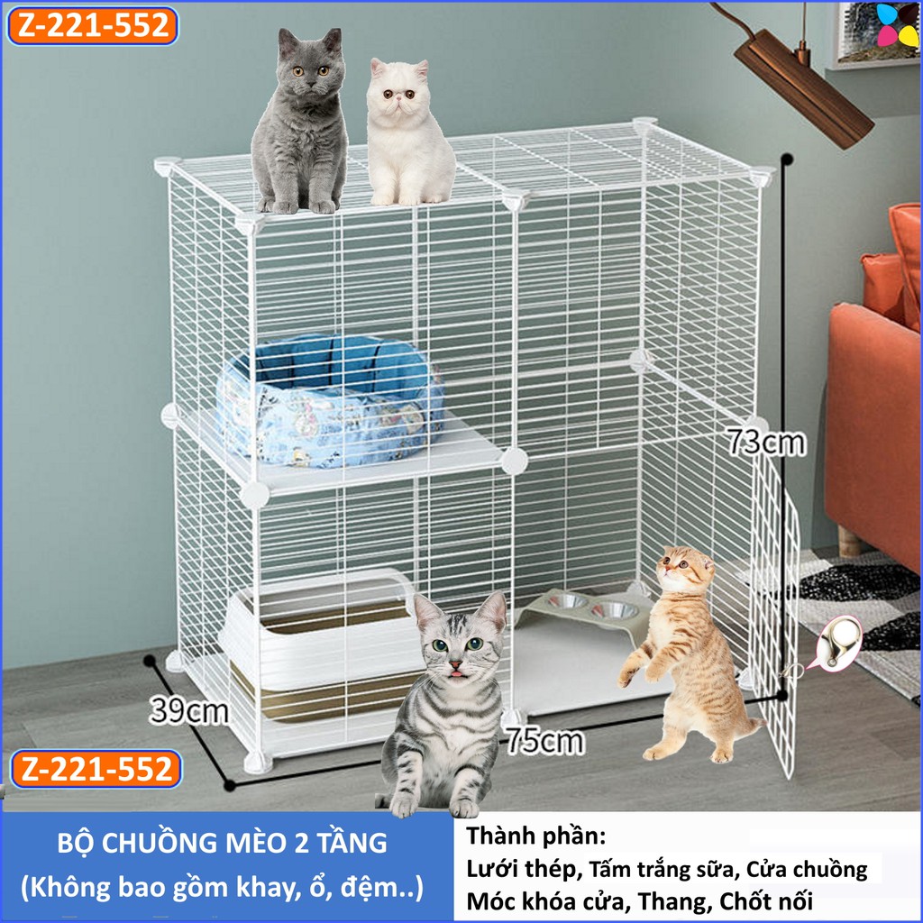 Chuồng mèo 2 tầng lắp ghép lưới thép rộng 2 ô lựa chọn thang và số cửa theo phân loại hàng