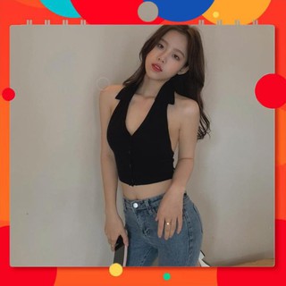 Freeship Áo croptop 3 lỗ cổ polo cài cúc sexy - Áo croptop nữ khoét nách hở lưng chất thun freesize giá siêu rẻ 2 màu