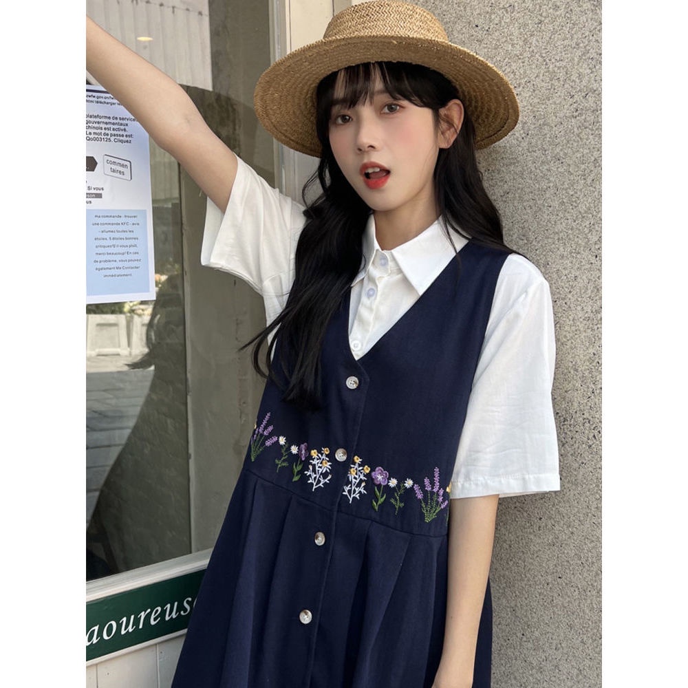 Đầm Ngắn Tay Cổ Chữ V Thêu Họa Tiết Phong Cách Hàn Quốc Cho Nữ